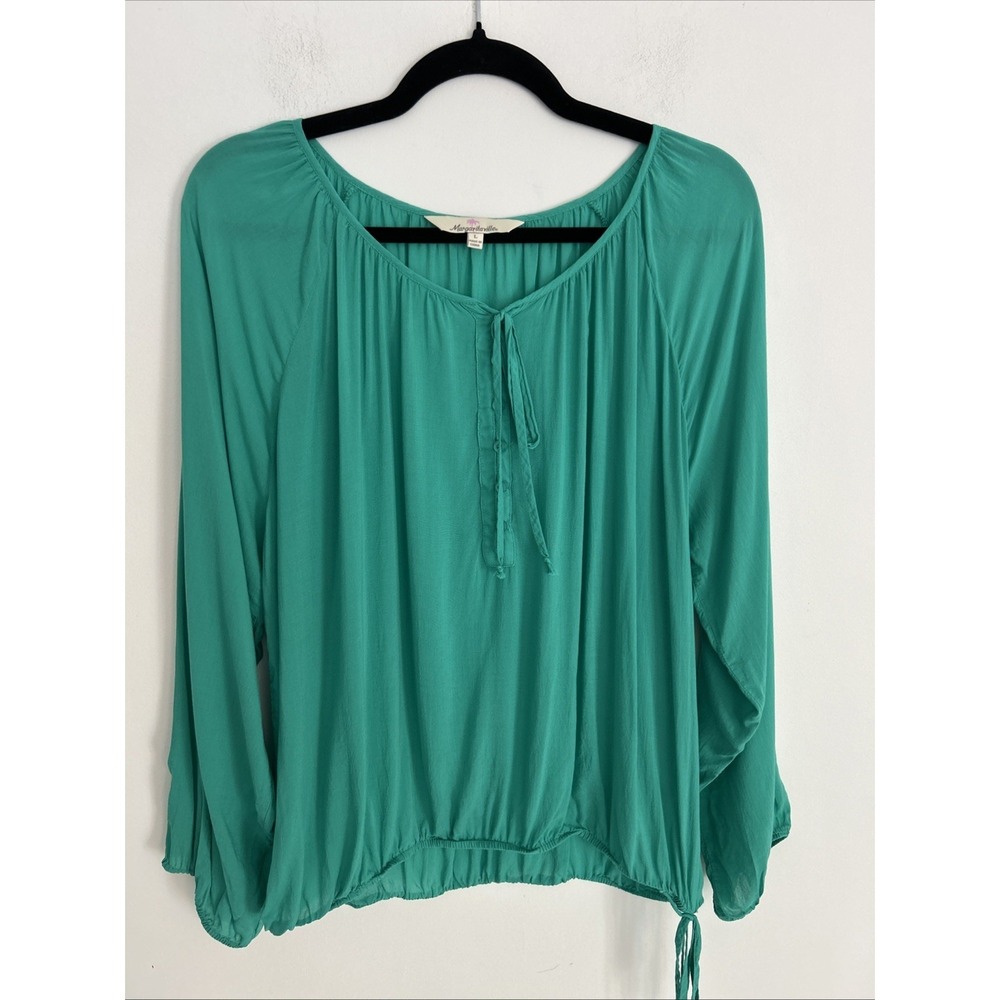 Margaritaville Women's L Emerald Green Long Sleeve‎ Elastic Tie Waist Blouse